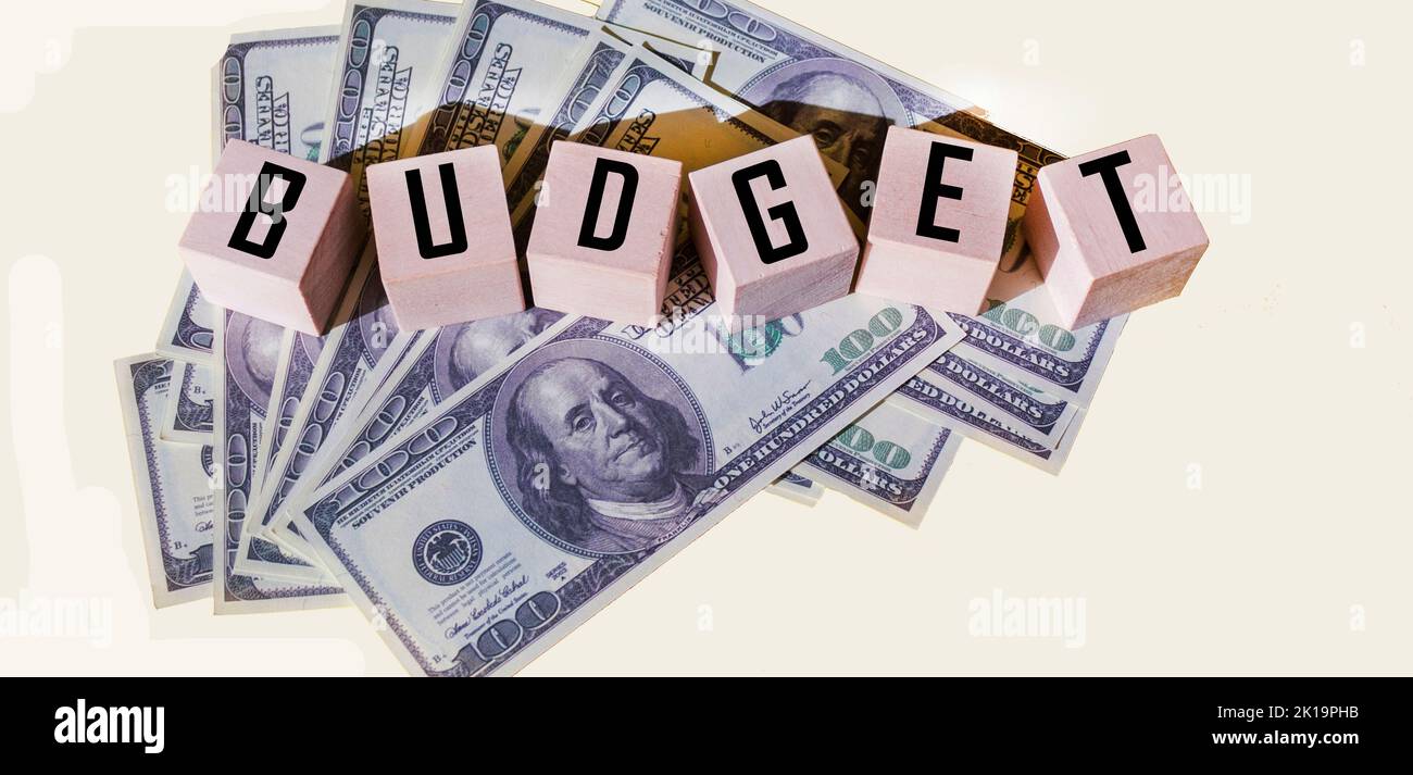 The concept of budget on wooden cubes on a background of dollar bills. Business concept. Stock Photo
