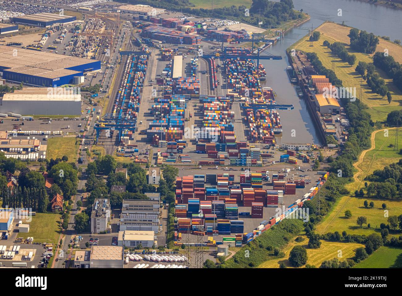 Aerial view, logport I, container port, D3T Duisburg Trimodal Terminal, Friemersheim, Duisburg, Ruhr area, North Rhine-Westphalia, Germany, Container, Stock Photo