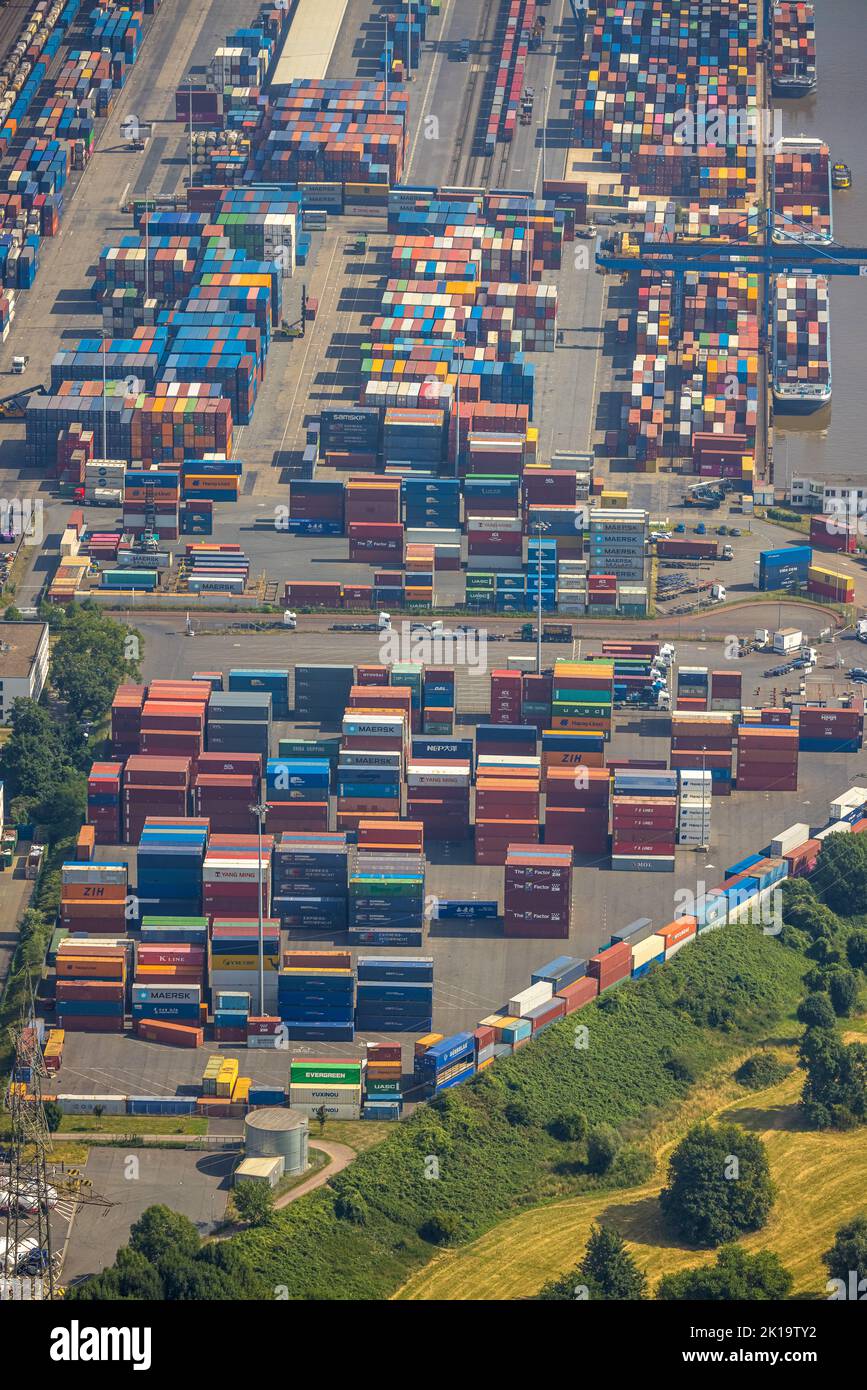 Aerial view, logport I, container port, D3T Duisburg Trimodal Terminal, Friemersheim, Duisburg, Ruhr area, North Rhine-Westphalia, Germany, Container, Stock Photo
