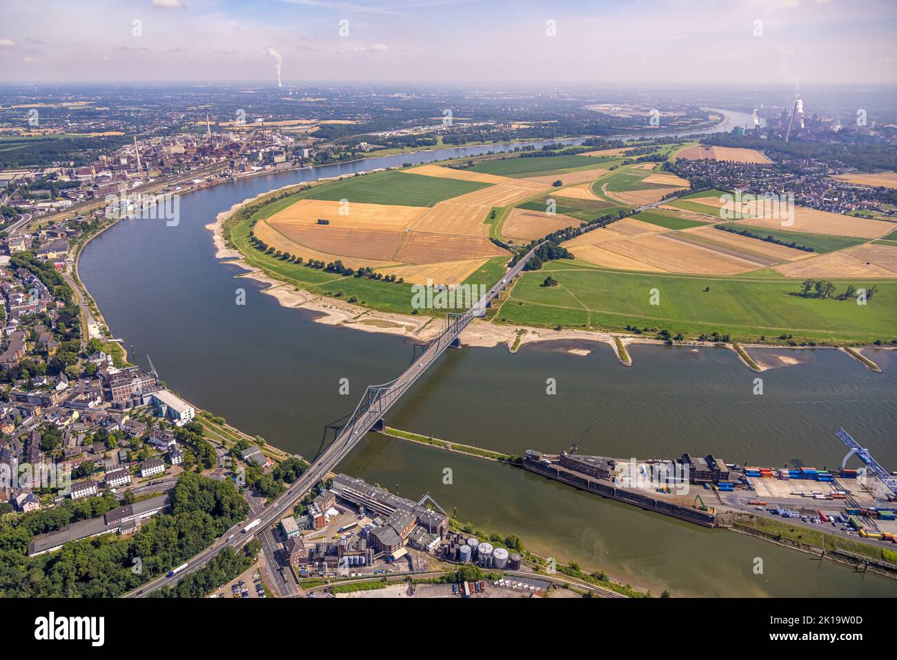 Aerial view, Krefeld-Uerdingen bridge, over river Rhine, Mündelheim, Duisburg, Ruhr area, North Rhine-Westphalia, Germany, Bridge, DE, Europe, Aerial Stock Photo