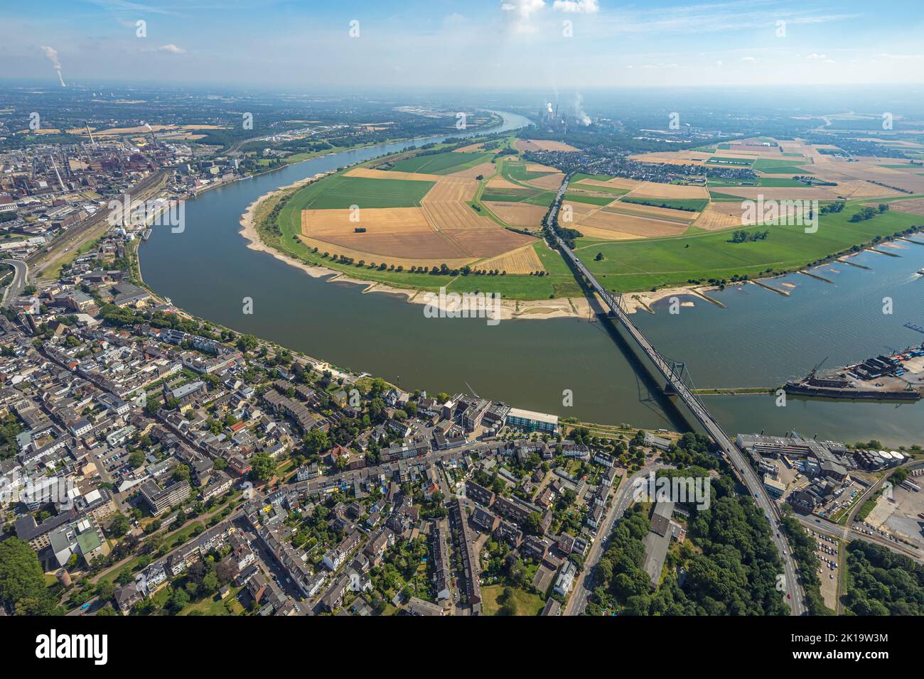 Aerial view, Krefeld-Uerdingen bridge, over river Rhine, Mündelheim, Duisburg, Ruhr area, North Rhine-Westphalia, Germany, Bridge, DE, Europe, Aerial Stock Photo
