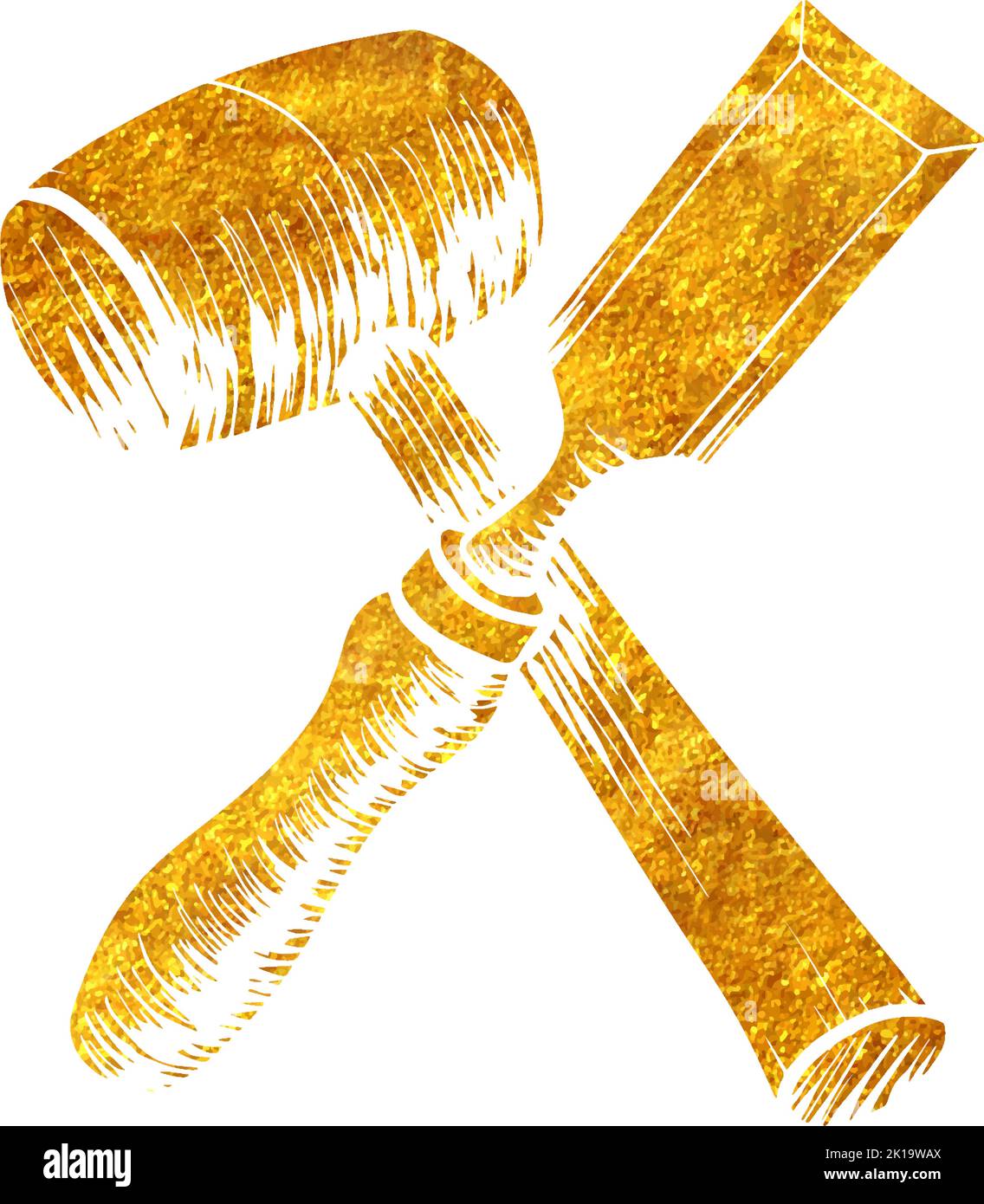 Hand drawn chisel and mallet icon woodworking tool in gold foil texture