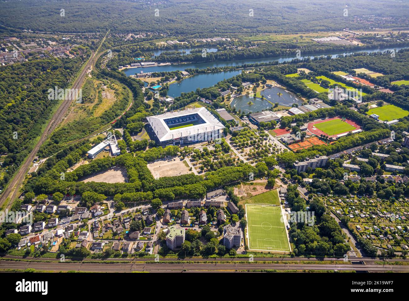Aerial view, MSV Arena, Schauinsland-Reisen-Arena, soccer stadium, Sportpark Duisburg, regatta track, Neudorf, Duisburg, Ruhr area, North Rhine-Westph Stock Photo