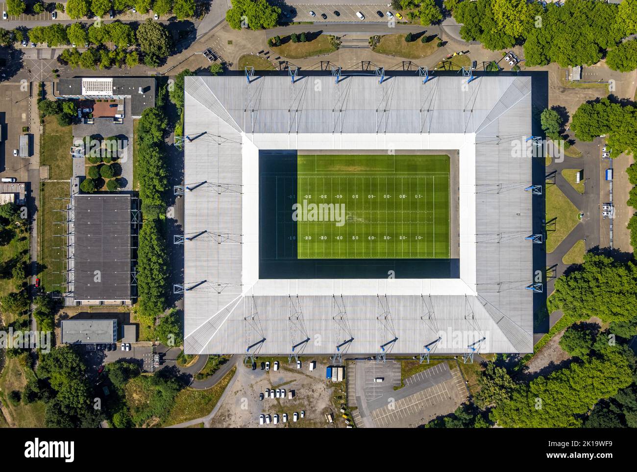 Aerial view, MSV Arena, Schauinsland-Reisen-Arena, soccer stadium, vertical view, Neudorf, Duisburg, Ruhr area, North Rhine-Westphalia, Germany, Arena Stock Photo