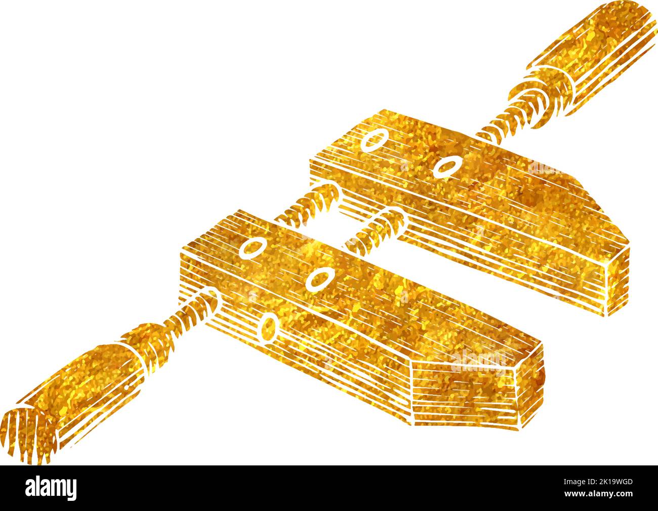 Hand drawn wooden clamp icon woodworking tool in gold foil texture