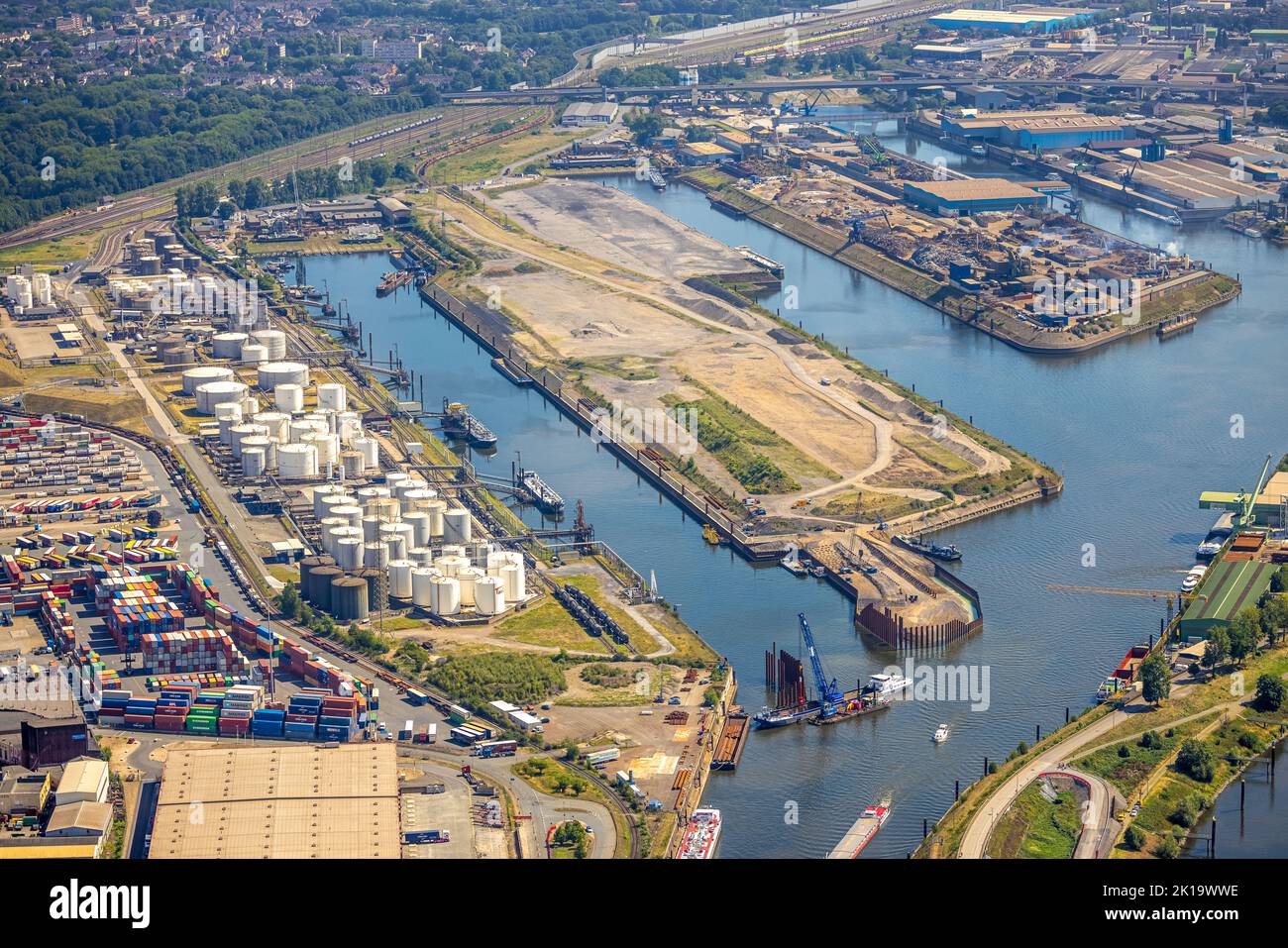Aerial view, Duisburg port Ruhrort with scrap island, coal island and oil island, Ruhrort, Duisburg, Ruhr area, North Rhine-Westphalia, Germany, DE, E Stock Photo