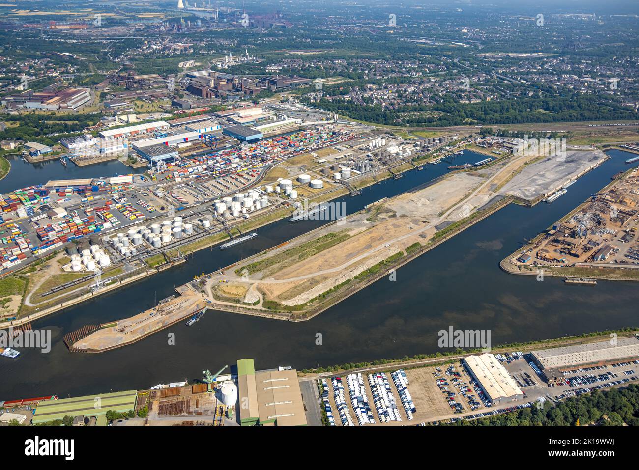 Aerial view, Duisburg port Ruhrort with coal island and oil island, Ruhrort, Duisburg, Ruhr area, North Rhine-Westphalia, Germany, DE, Europe, Port, P Stock Photo