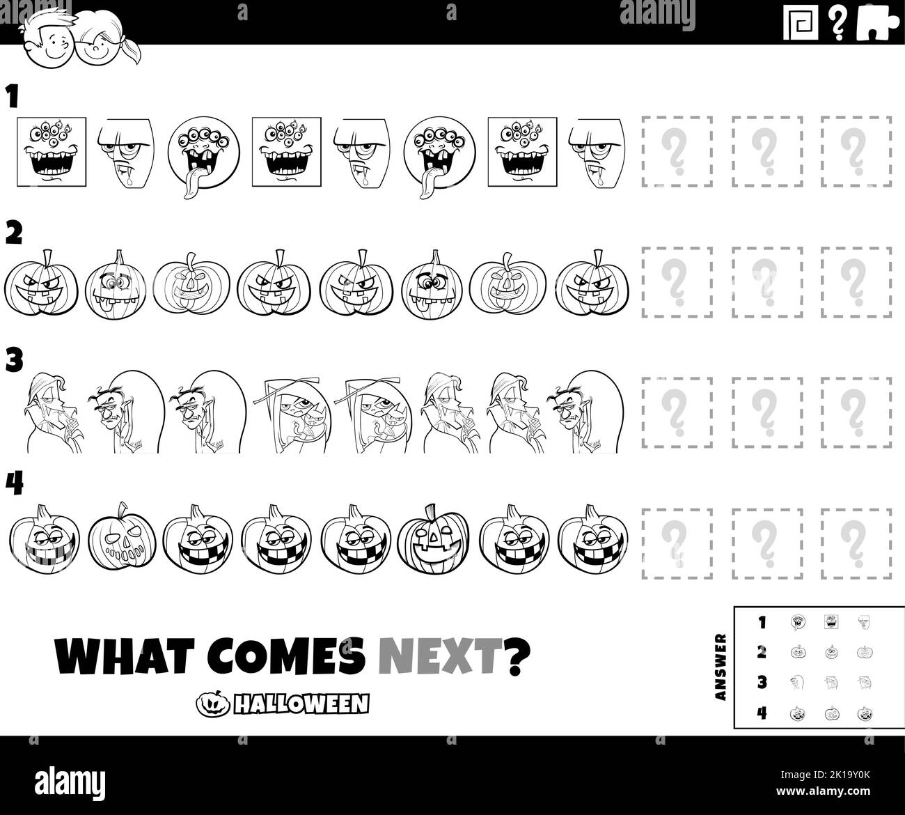 Black and white cartoon illustration of completing the pattern ...