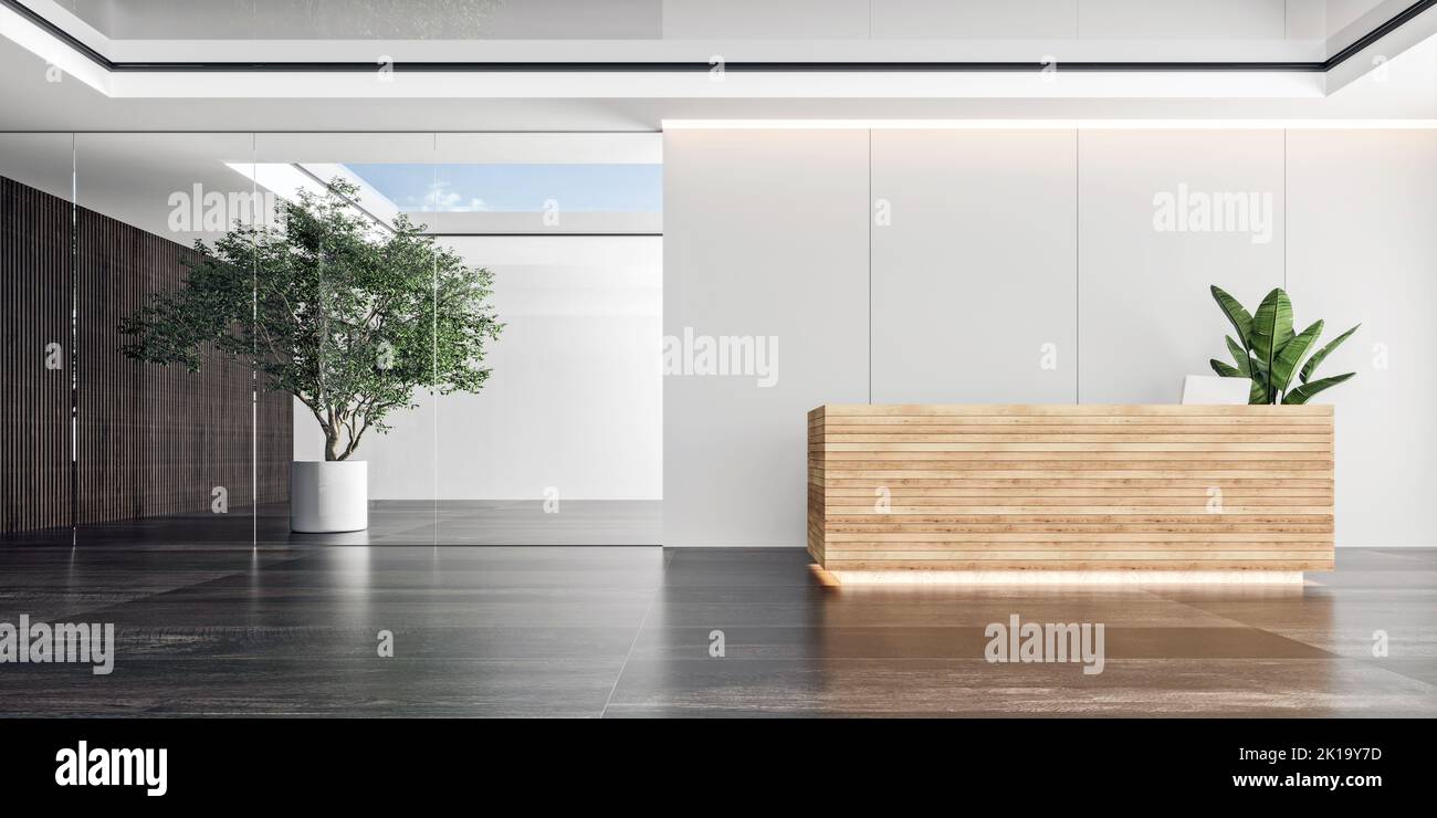 Modern interior design of lobby or reception, open space with glass ceiling and wooden desk, 3d rendering, 3d illustration Stock Photo