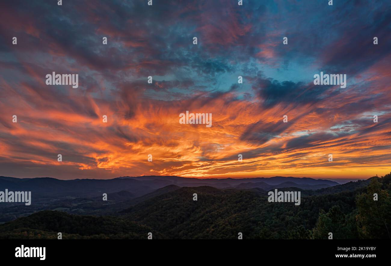 The sky seems to be on fire from Foothills Parkway in the Great Smoky Mountains National Park