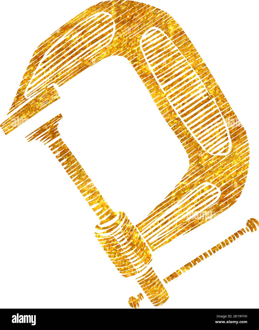 Hand drawn clamp icon woodworking tool in gold foil texture vector