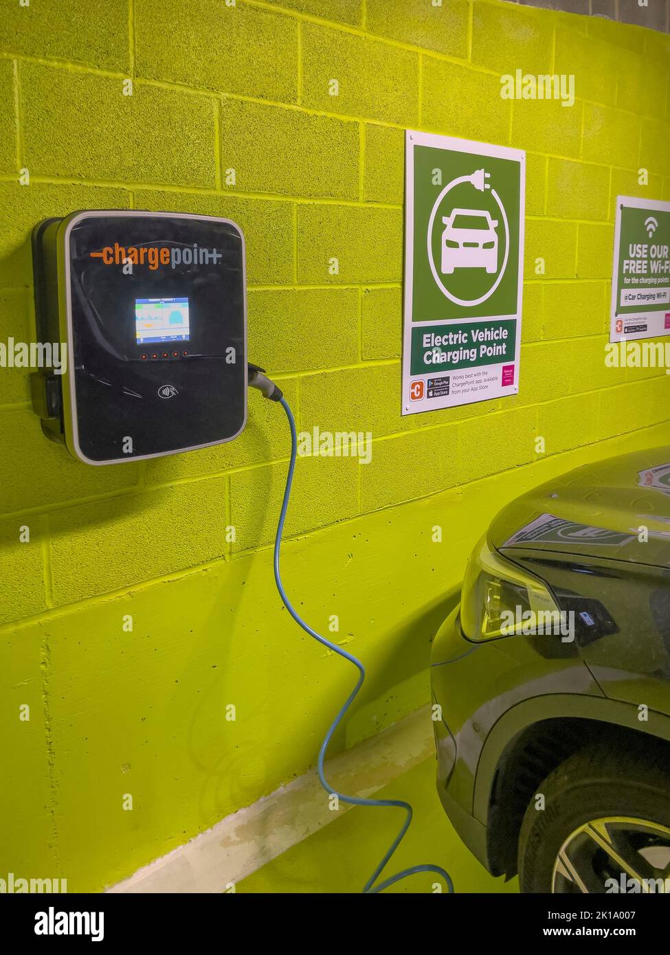 Newbury, Berkshire, England, UK. 2022. Electric car battery charging