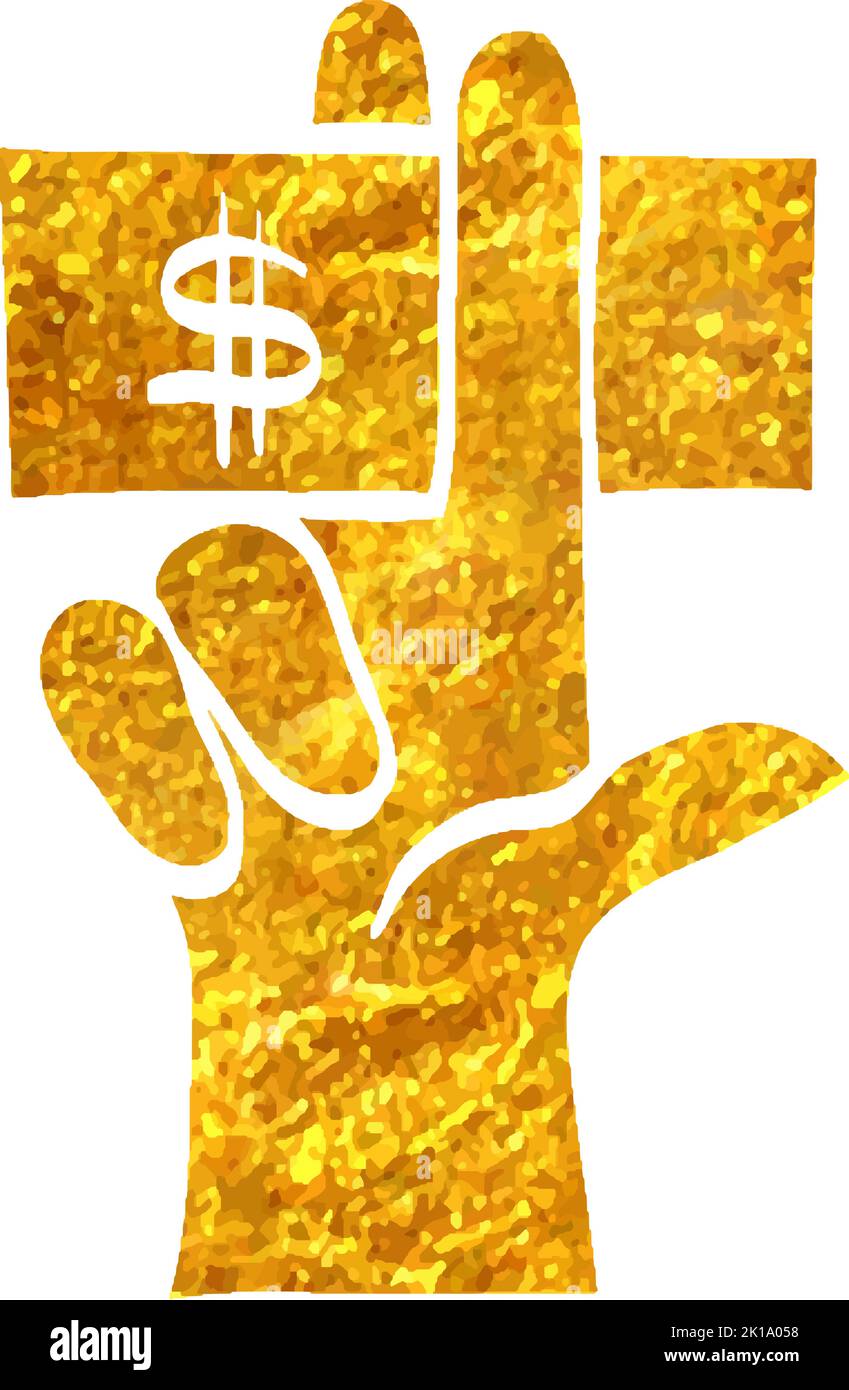 Hand drawn Hand holding money icon in gold foil texture vector ...
