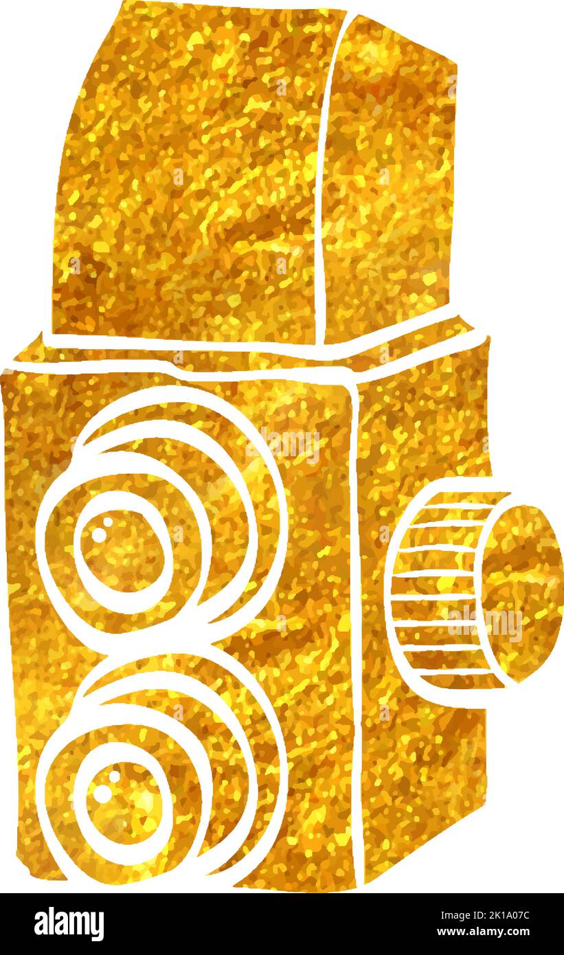 Hand drawn Twin lens reflex camera icon in gold foil texture vector illustration Stock Vector