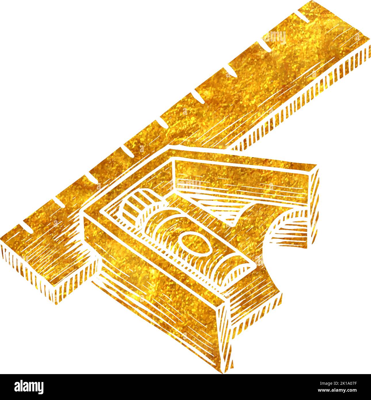 Hand drawn ruler icon woodworking tool in gold foil texture vector