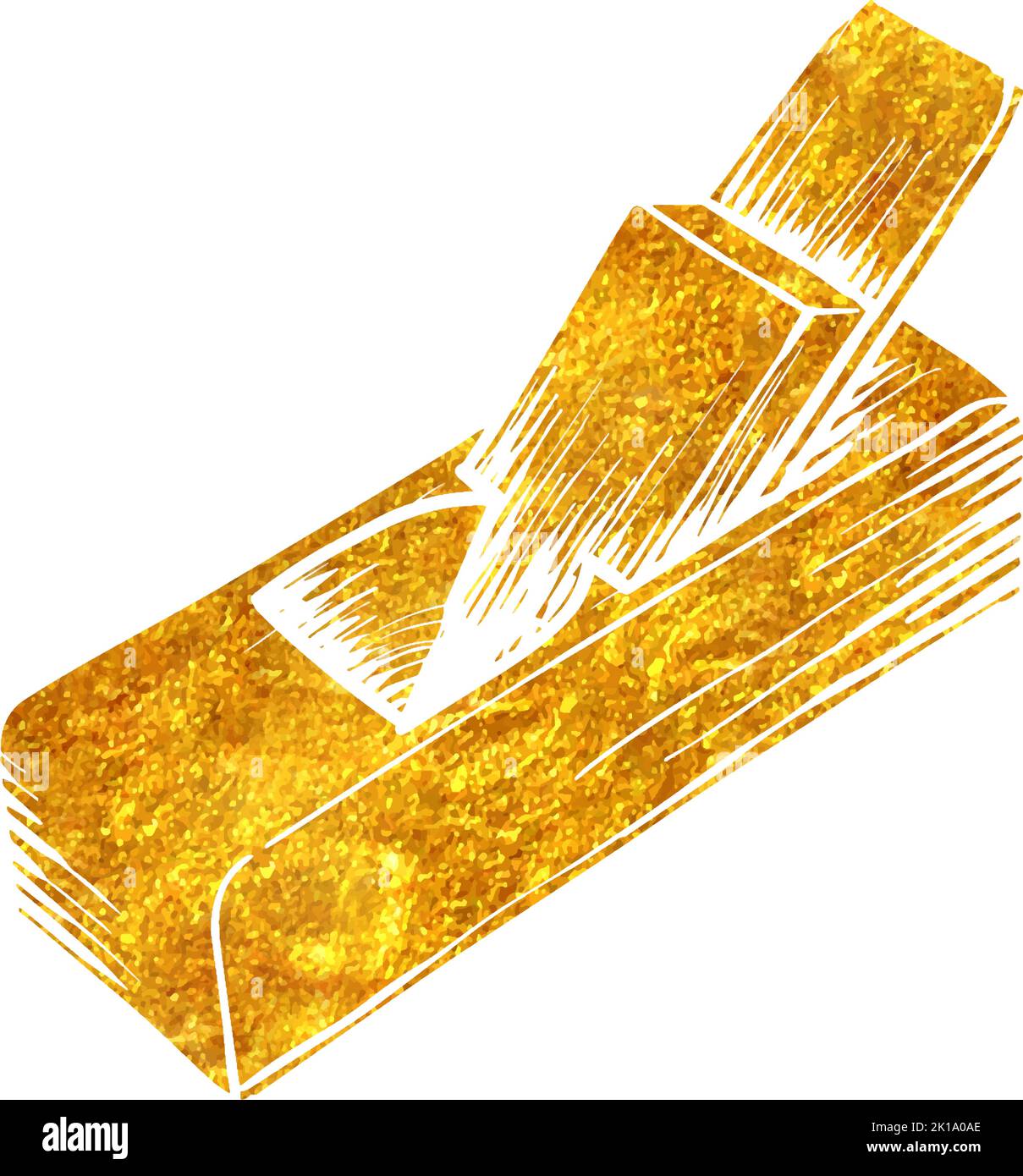 Hand drawn wooden plane icon woodworking tool in gold foil texture ...