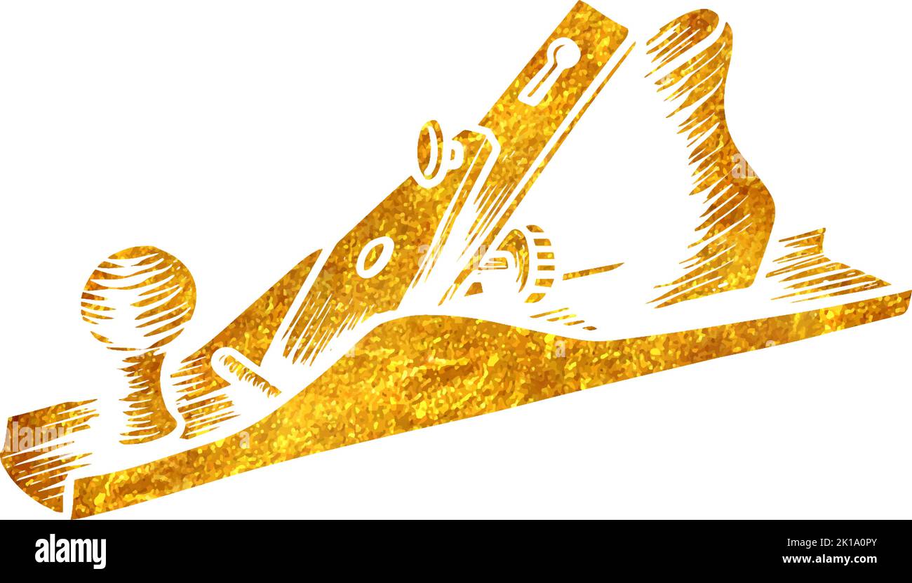 Hand drawn hand plane icon woodworking tool in gold foil texture vector