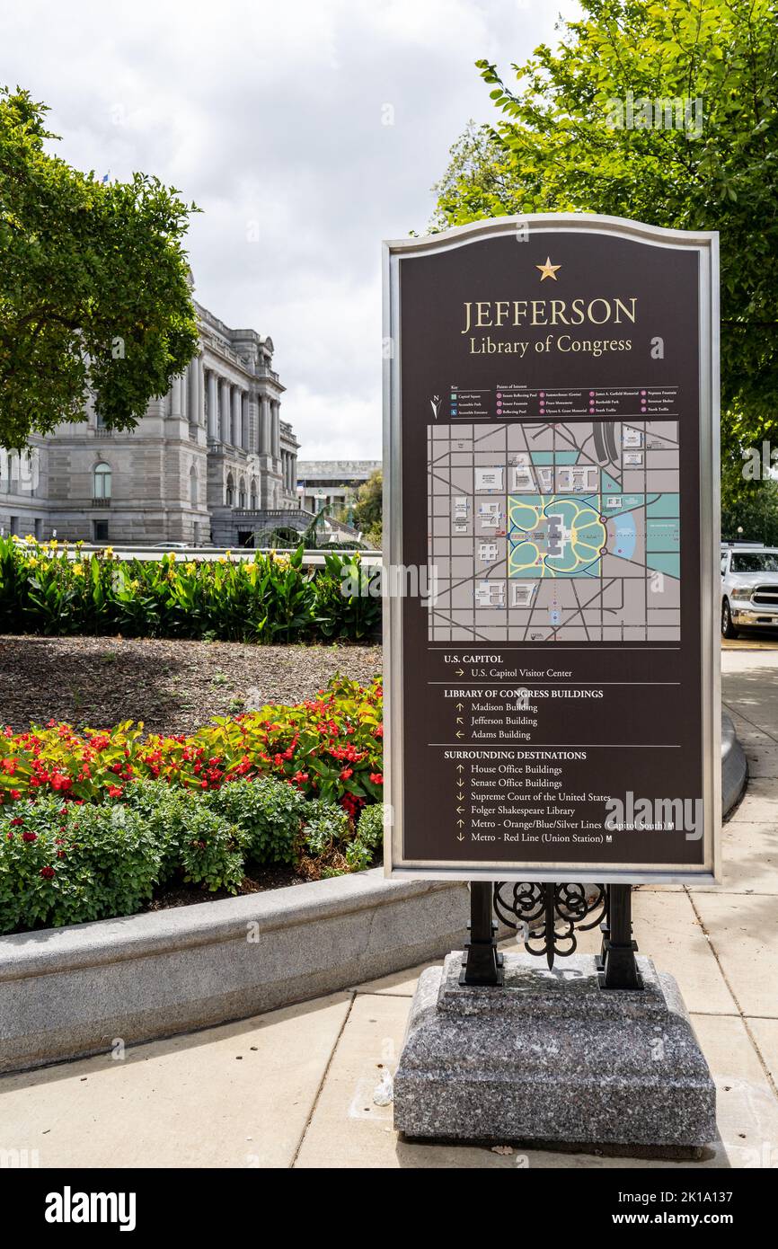 Washington, DC - Sept. 6, 2022: Jefferson Library of Congress sign has a map with information for tourists. Stock Photo