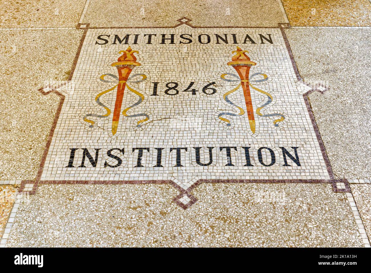 Washington, DC - Sept. 7, 2022: Original mosaic tile floor from 1846 was uncovered during restoration of the original Smithsonian Institution Building Stock Photo