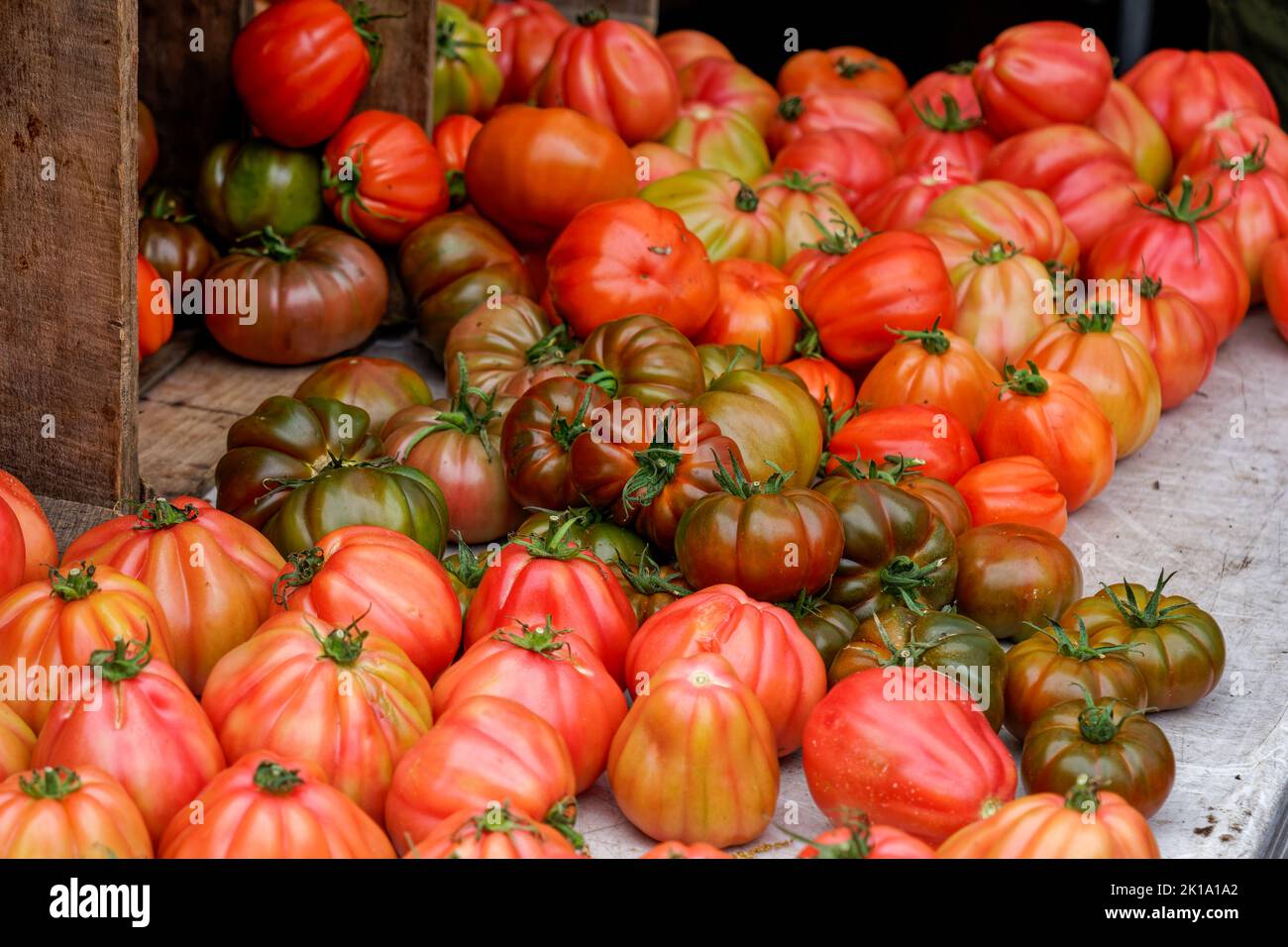 selective focus on heirloom or heritage tomatoes at the farmers market Stock Photo