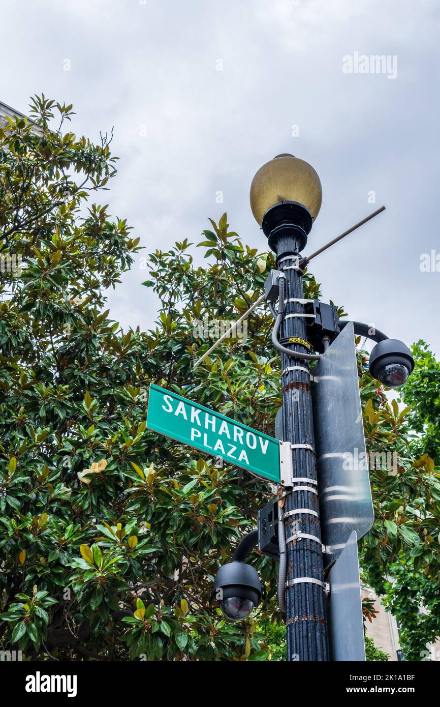 Sakharov Plaza sign on 16th Street, on a lamp post with security cameras. Andrei Sakharov Plaza honors the Soviet nuclear physicist and human rights a Stock Photo