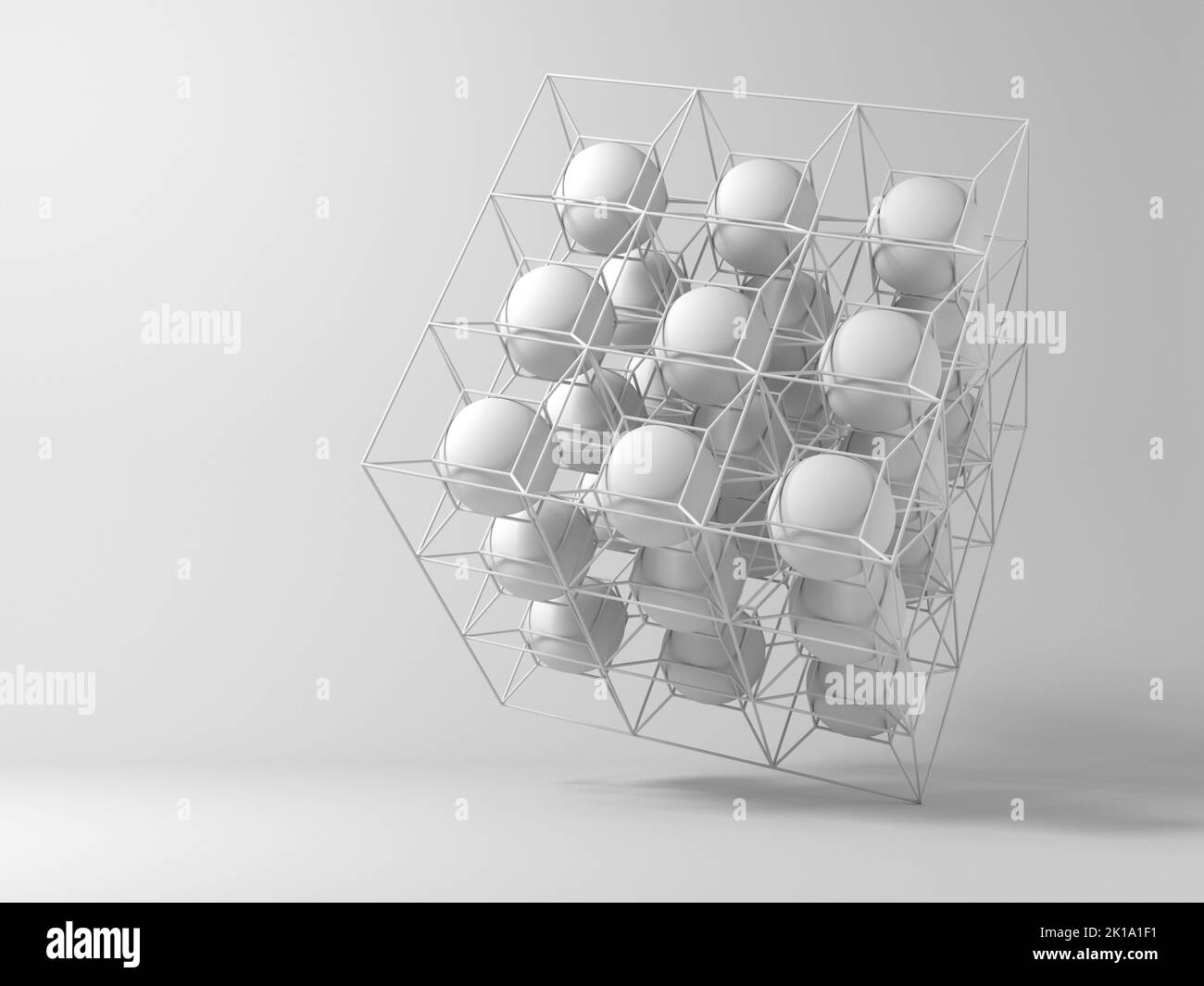 Abstract high-tech installation with a cluster of white spheres in a metal lattice protection container, 3d rendering illustration Stock Photo