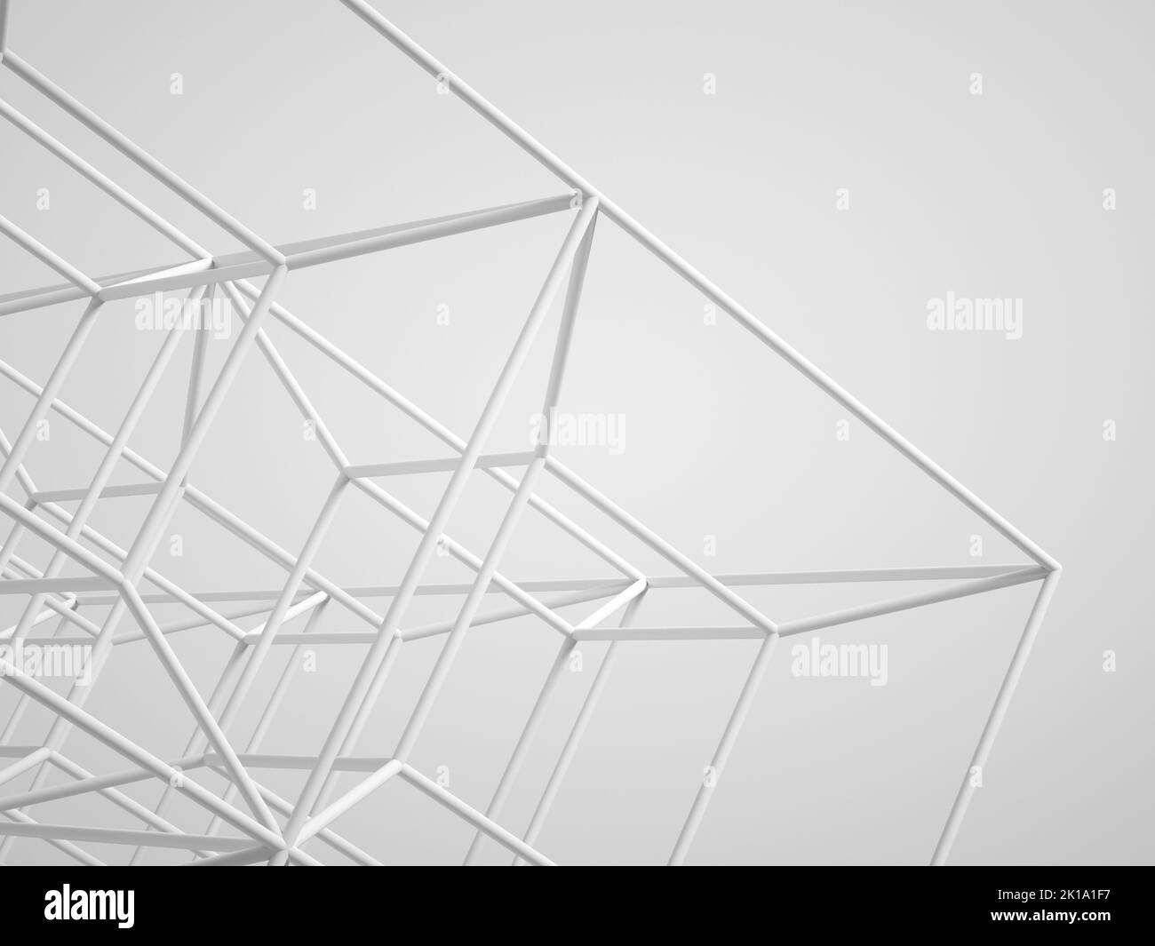 Abstract high-tech installation, metallic wire-frame cubes structure over white background. 3d rendering illustration Stock Photo