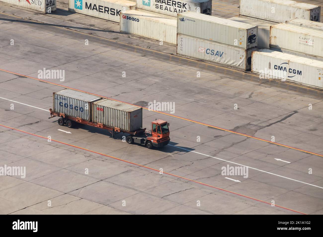Dammam, Saudi Arabia - December 26, 2019: Container truck is in port of Dammam Stock Photo
