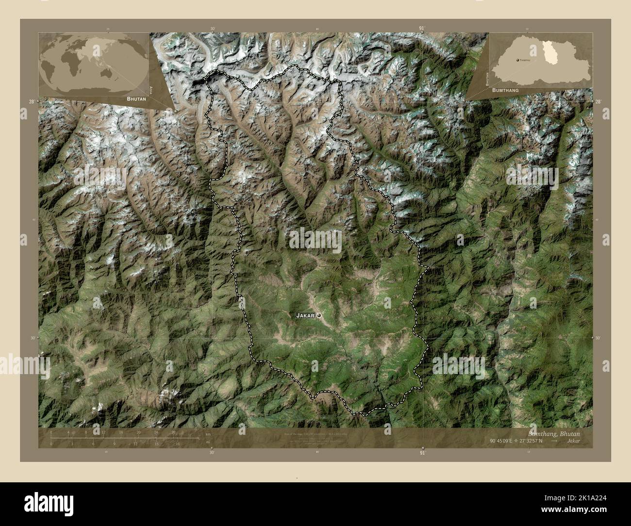Bumthang, district of Bhutan. High resolution satellite map. Locations ...