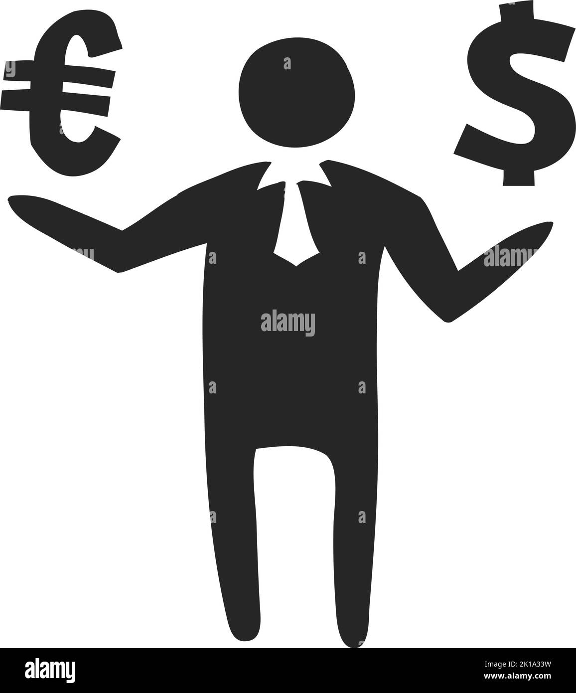 Hand drawn Businessman holding Euro and Dollar sign vector illustration ...