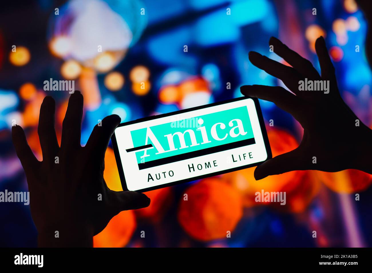 In this photo illustration, the Amica Mutual Insurance Company logo is seen displayed on a smartphone. Stock Photo