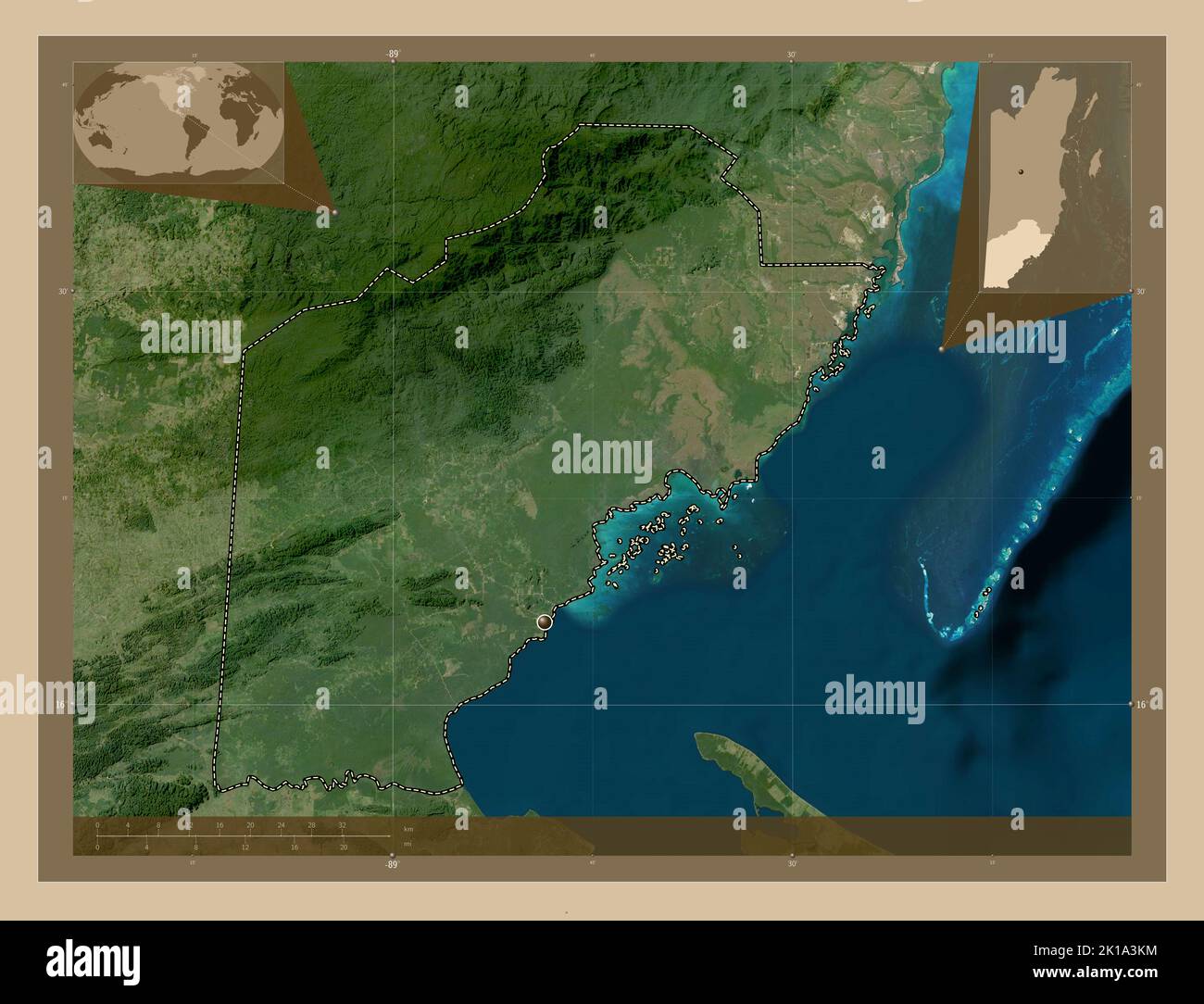 Toledo, district of Belize. Low resolution satellite map. Corner