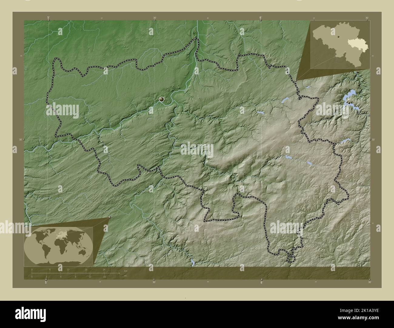 Liege, province of Belgium. Elevation map colored in wiki style with lakes and rivers. Corner