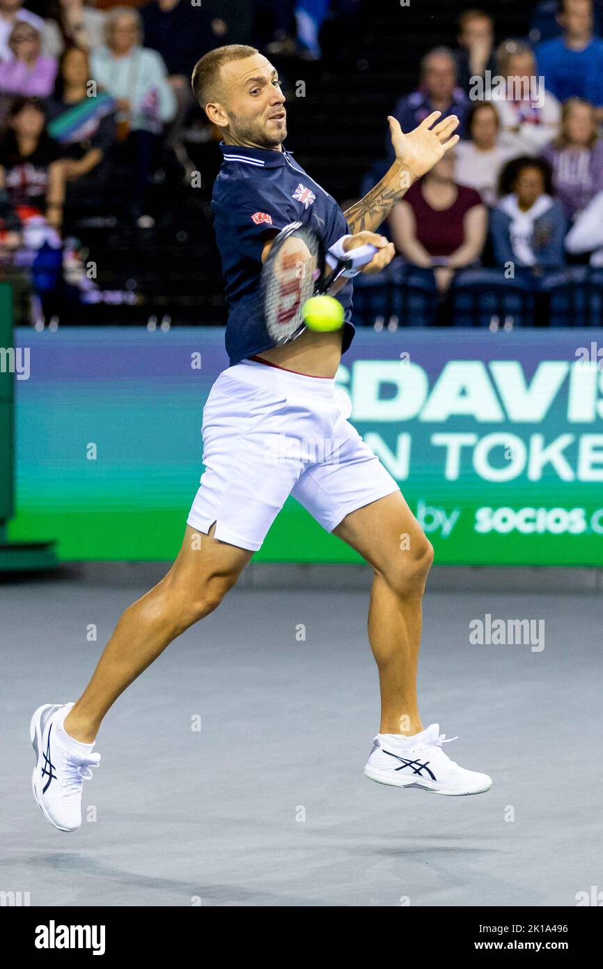 Glasgow, UK. 16th Sep, 2022. GLASGOW, SCOTLAND - SEPTEMBER 16: Daniel Evans of Great Britain during the Davis Cup by Rakuten Group Stage 2022 Glasgow match between Great Britain and the Netherlands at Emirates Arena on September 16, 2022 in Glasgow, Scotland. (Photo by Alan Rennie/BSR Agency/Getty Images) Credit: BSR Agency/Alamy Live News Stock Photo