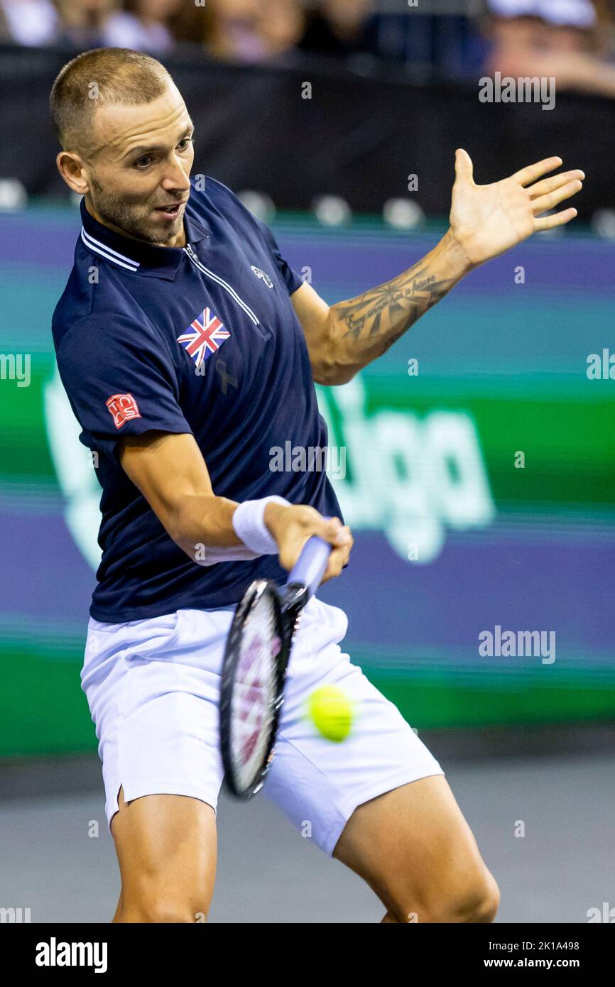 Glasgow, UK. 16th Sep, 2022. GLASGOW, SCOTLAND - SEPTEMBER 16: Daniel Evans of Great Britain during the Davis Cup by Rakuten Group Stage 2022 Glasgow match between Great Britain and the Netherlands at Emirates Arena on September 16, 2022 in Glasgow, Scotland. (Photo by Alan Rennie/BSR Agency/Getty Images) Credit: BSR Agency/Alamy Live News Stock Photo