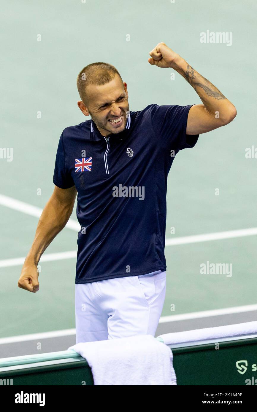 Glasgow, UK. 16th Sep, 2022. GLASGOW, SCOTLAND - SEPTEMBER 16: Daniel Evans of Great Britain during the Davis Cup by Rakuten Group Stage 2022 Glasgow match between Great Britain and the Netherlands at Emirates Arena on September 16, 2022 in Glasgow, Scotland. (Photo by Alan Rennie/BSR Agency/Getty Images) Credit: BSR Agency/Alamy Live News Stock Photo