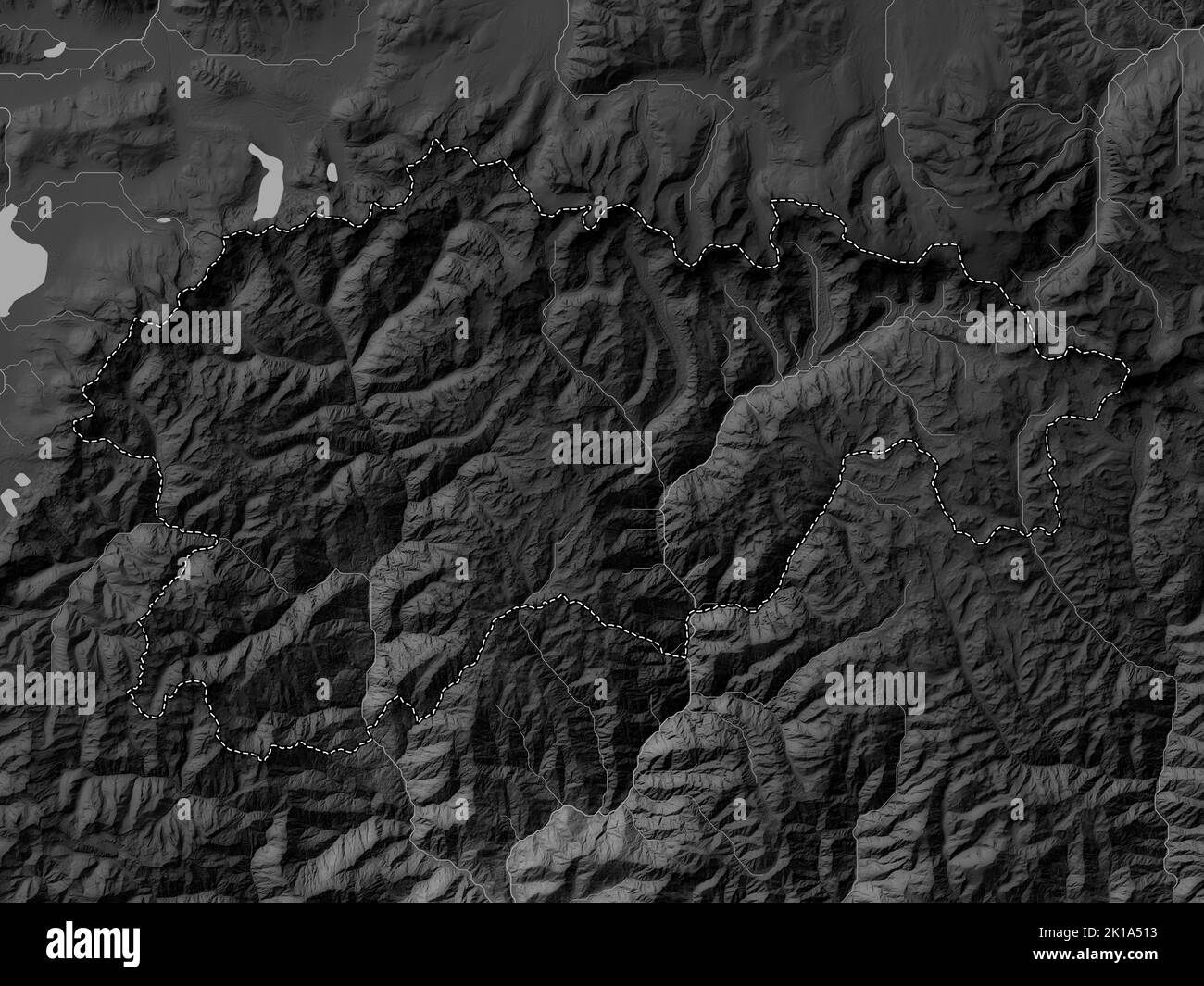 Gasa, district of Bhutan. Grayscale elevation map with lakes and rivers Stock Photo