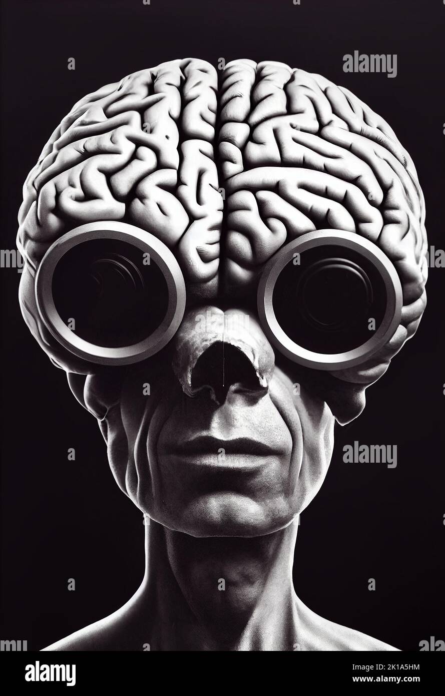 Illustration of a surreal portrait of a man with a brain and eyeglasses, skull face with broken nose, transhuman and articial intelligence Stock Photo