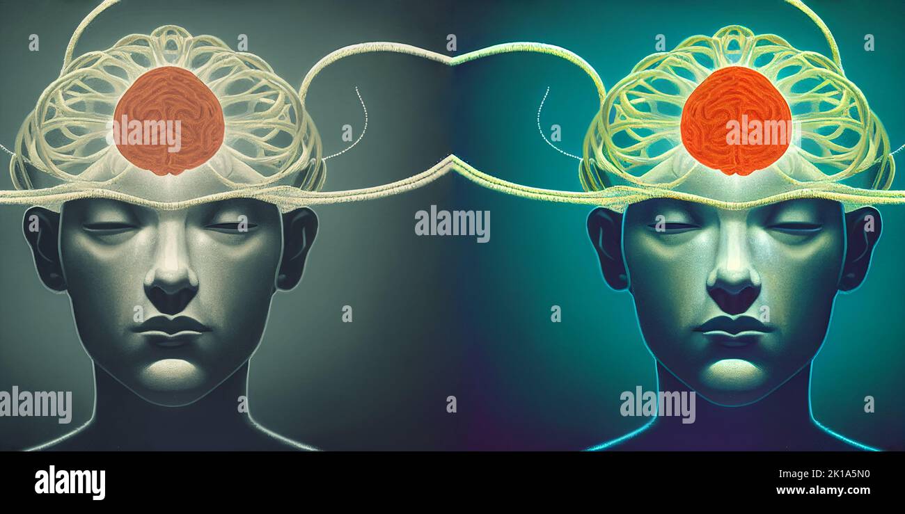 Mind control, brain with strings, manipulation and dictator concept, mass hypnosis by media, illustration Stock Photo