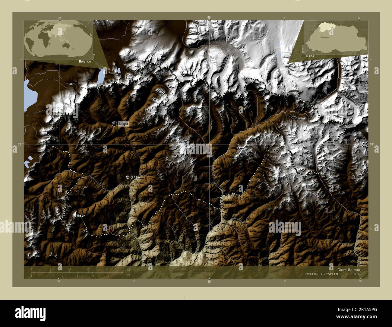 Gasa, district of Bhutan. Elevation map colored in wiki style with lakes  and rivers. Locations and names of major cities of the region. Corner  auxilia Stock Photo - Alamy