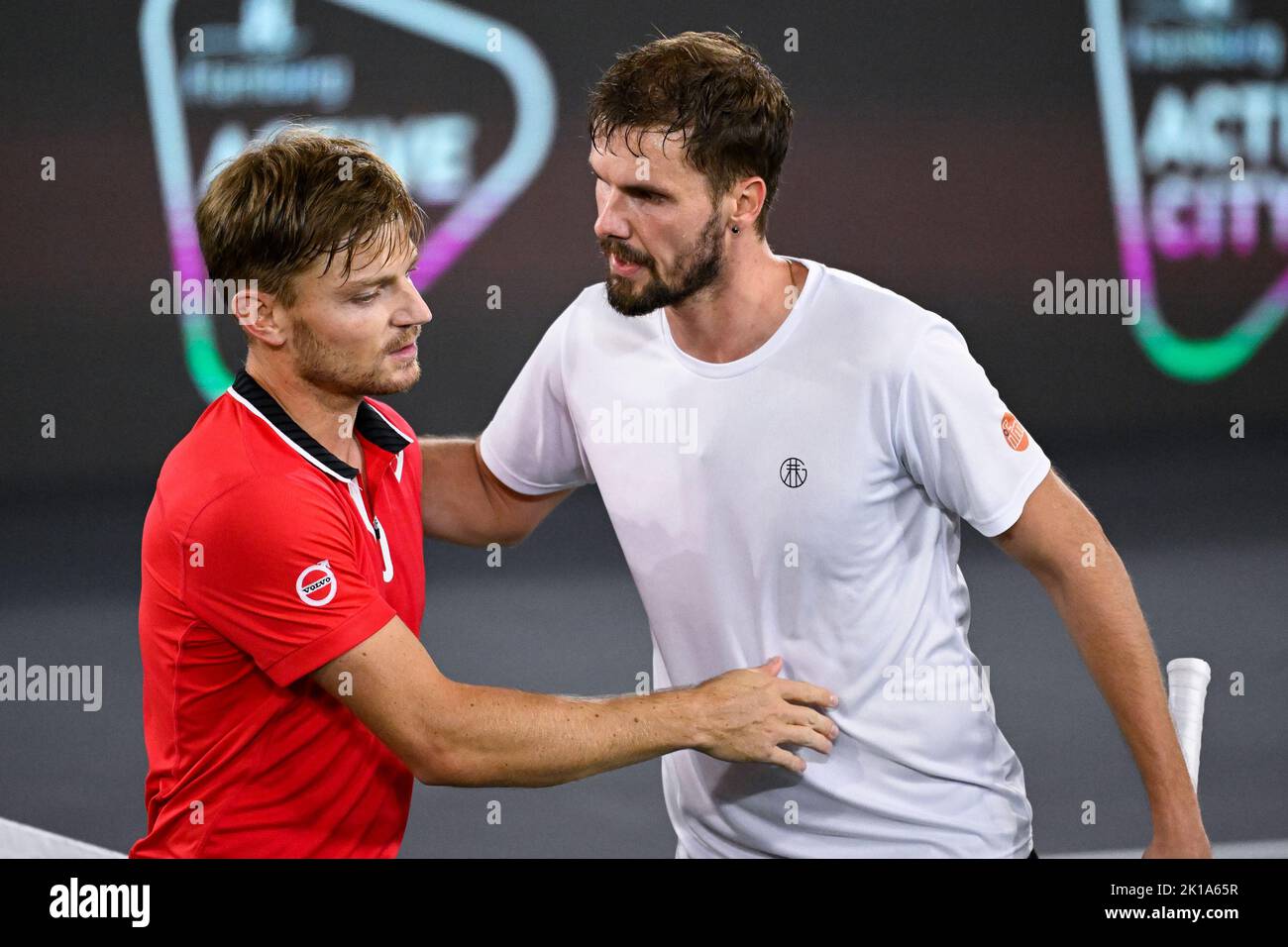 Hamburg, Germany. 16th Sep, 2022. Belgian David Goffin and German Oscar Otte pictured after a match between German Otte and Belgian Goffin, the second game between the Belgian team and Germany, in Group C of the group stage of the 2022 Davis Cup finals, Friday 16 September 2022, in Hamburg, Germany. Belgium will compete from 13 to 18 September against Australia, Germany and France in Group C. BELGA PHOTO LAURIE DIEFFEMBACQ Credit: Belga News Agency/Alamy Live News Stock Photo