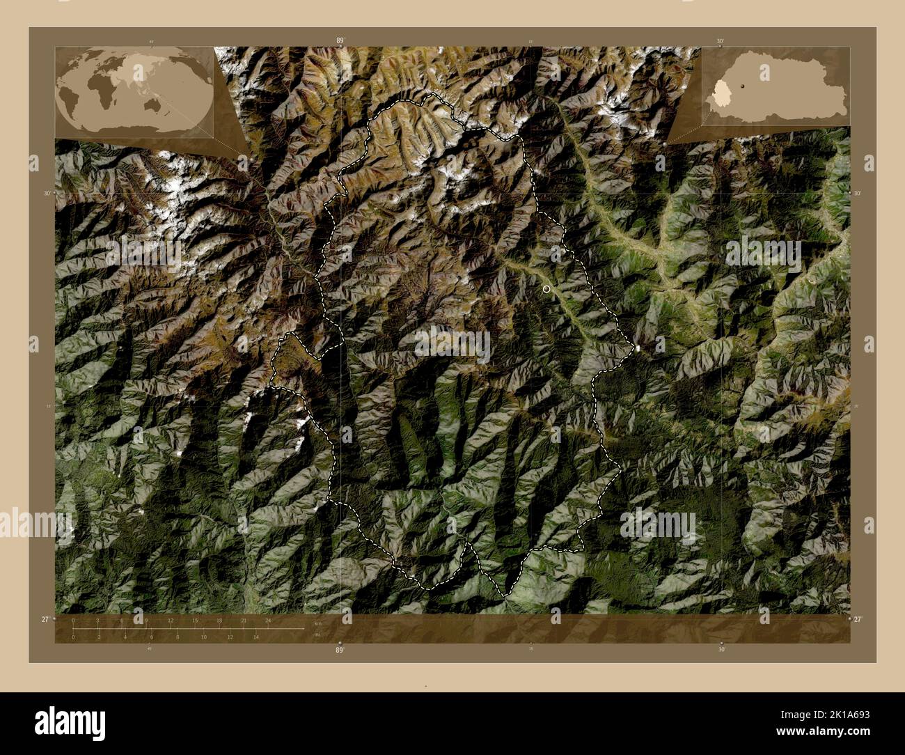 Haa, district of Bhutan. Low resolution satellite map. Locations of ...