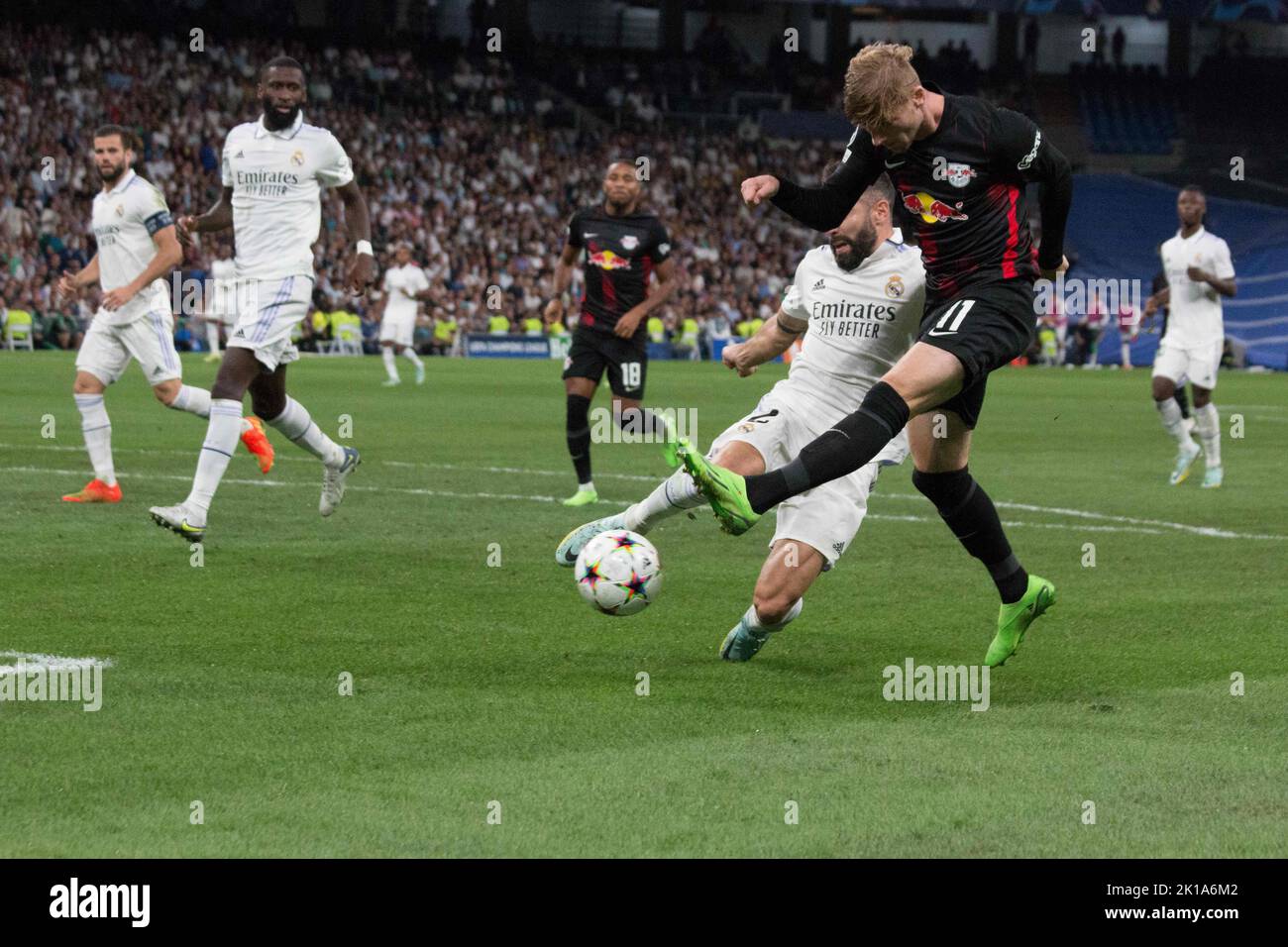 Madrid, Madrid, Spain. 15th Sep, 2022. Carvajal (L) and Werner (R).during the match played between Real Madrid and RB Leipzig. Victory of Real Madrid by 2 to 0 with goals of Fede Valverde and Asensio in injury time. (Credit Image: © Jorge Gonzalez/Pacific Press via ZUMA Press Wire) Stock Photo
