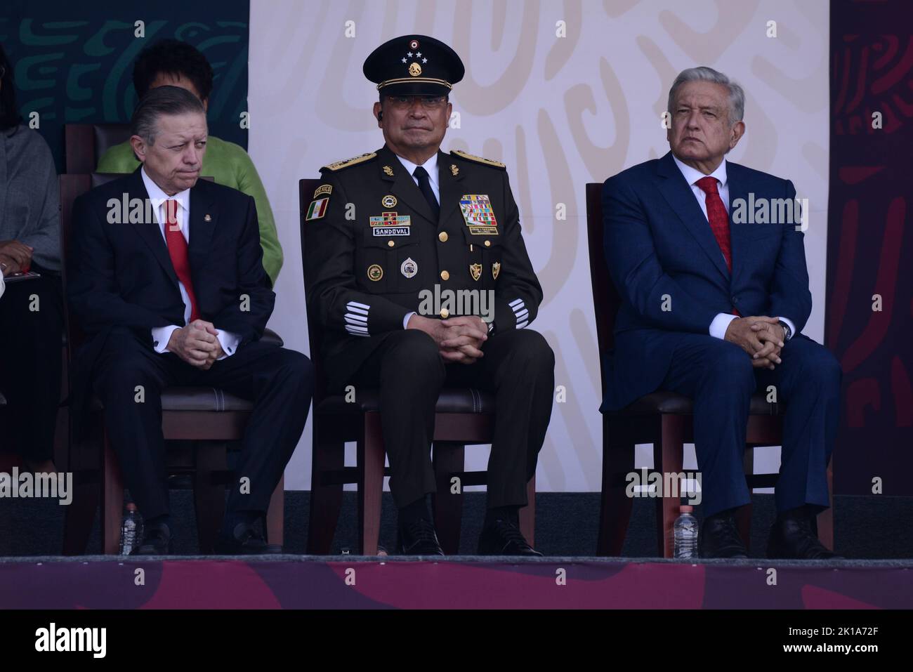 Mexico City, Mexico. 16th Sep, 2022. September 16, 2022, Mexico City, Mexico: Mexico’s President Andres Manuel Lopez Obrador accompanied by Secretary of National Defense (SEDENA) Luis Cresencio Sandoval and president of the Supreme Court of Justice Arturo Zaldivar during  the ceremony of the civic-military parade as part of the commemoration of the 212th Anniversary of the beginning of Mexico's Independence in the downtown. on September 16, 2022 in Mexico City, Mexico. (Photo by Carlos Tischler/ Eyepix Group) Credit: Eyepix Group/Alamy Live News Stock Photo