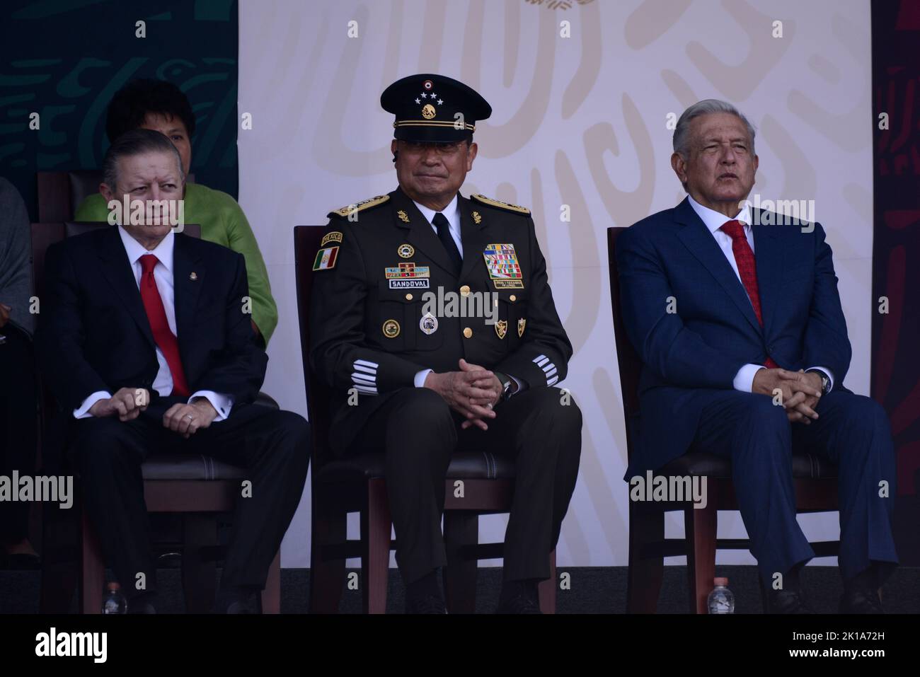 Mexico City, Mexico. 16th Sep, 2022. September 16, 2022, Mexico City, Mexico: Mexico’s President Andres Manuel Lopez Obrador accompanied by Secretary of National Defense (SEDENA) Luis Cresencio Sandoval and president of the Supreme Court of Justice Arturo Zaldivar during  the ceremony of the civic-military parade as part of the commemoration of the 212th Anniversary of the beginning of Mexico's Independence in the downtown. on September 16, 2022 in Mexico City, Mexico. (Photo by Carlos Tischler/ Eyepix Group) Credit: Eyepix Group/Alamy Live News Stock Photo