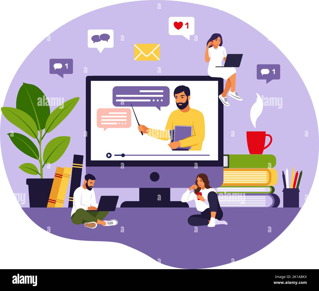 Online learning concept. Teacher at chalkboard, video lesson. Distance