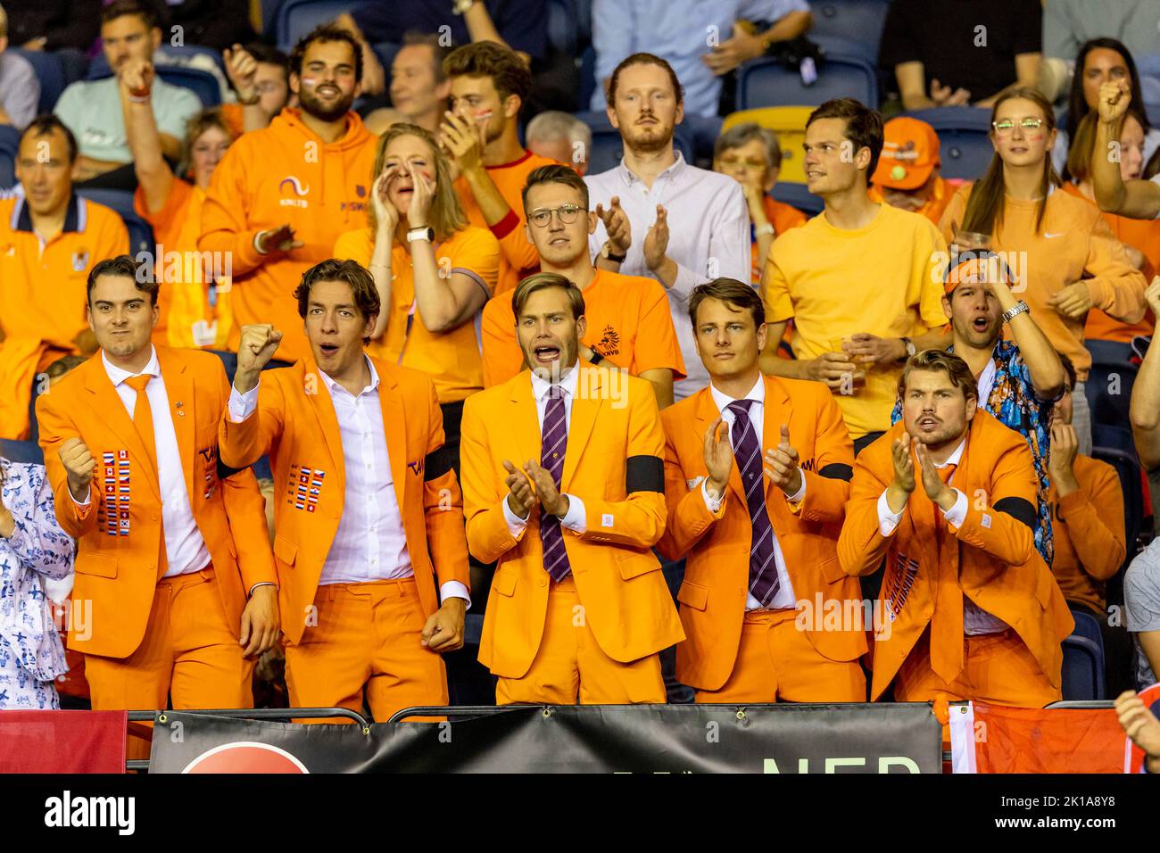 Glasgow, UK. 16th Sep, 2022. GLASGOW, SCOTLAND - SEPTEMBER 16: Fans and supporters of the Netherlands during the Davis Cup by Rakuten Group Stage 2022 Glasgow match between Great Britain and the Netherlands at Emirates Arena on September 16, 2022 in Glasgow, Scotland. Credit: BSR Agency/Alamy Live News Stock Photo
