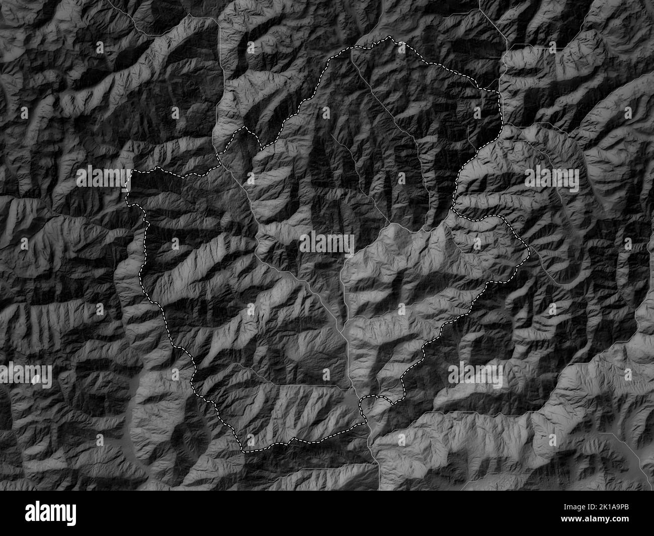 Punakha, district of Bhutan. Grayscale elevation map with lakes and rivers Stock Photo