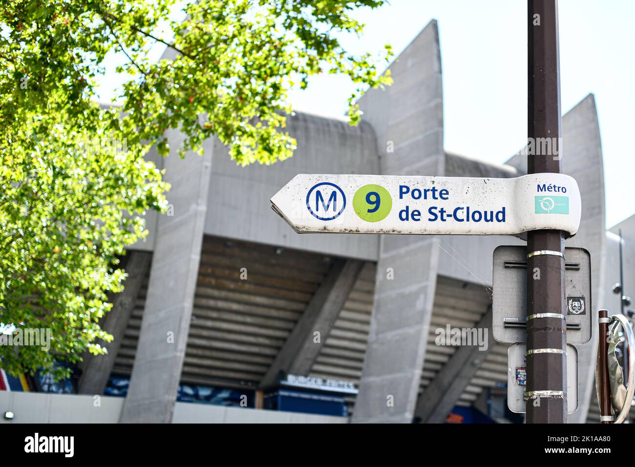 Sign indicating the subway (metro, metropolitain) line 9 (Porte de Saint-Cloud) in front of the Parc des Princes stadium, in Paris, France on Septembe Stock Photo