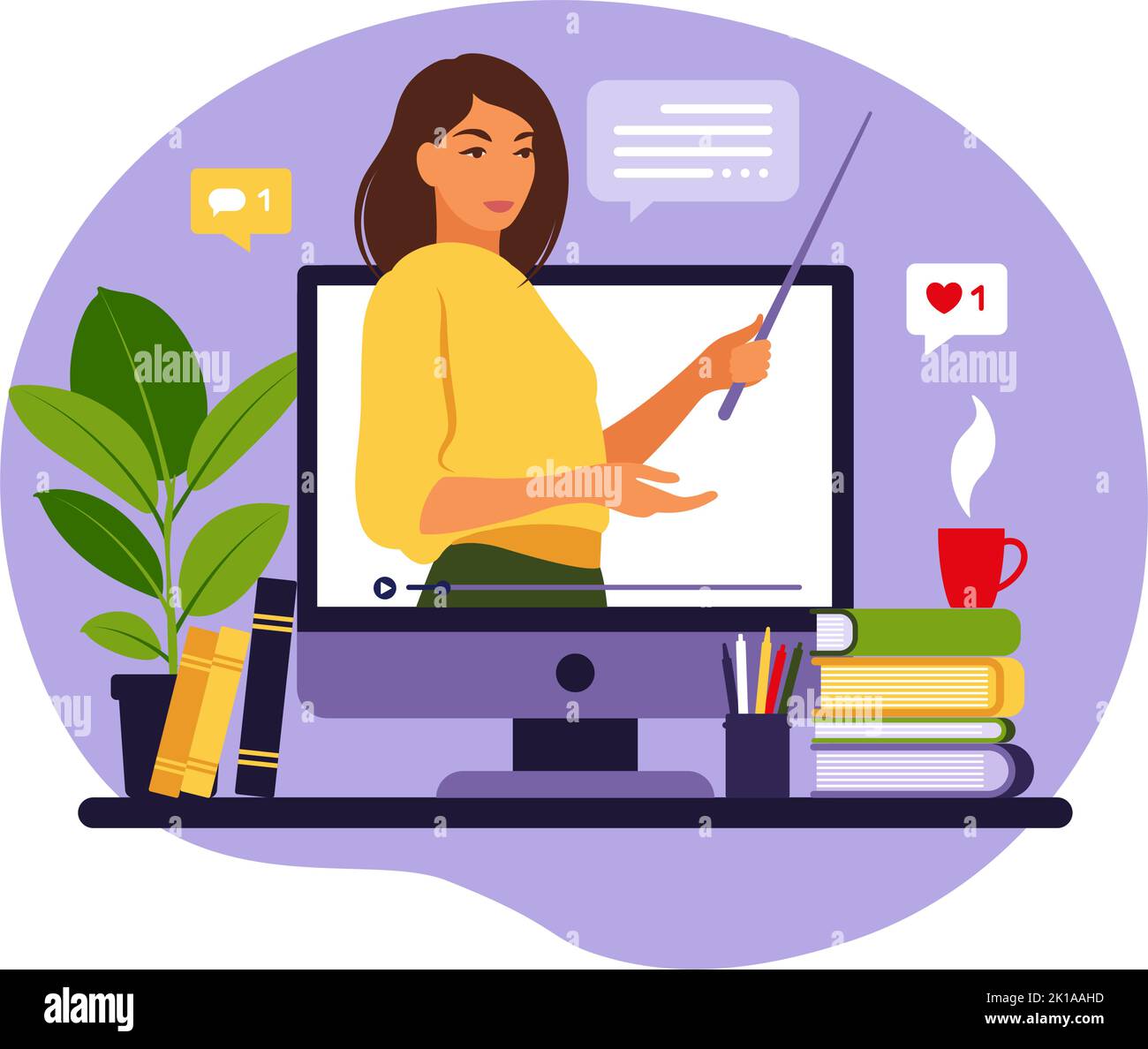Online learning concept. Teacher at chalkboard, video lesson. Distance study at school. Vector illustration. Flat style. Stock Vector
